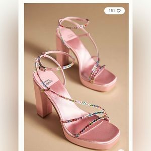 Pink satin platform sandals with multicolored rhinestones size 9.5